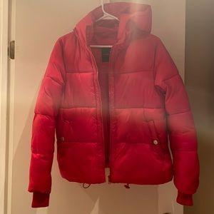 Red puffer jacket